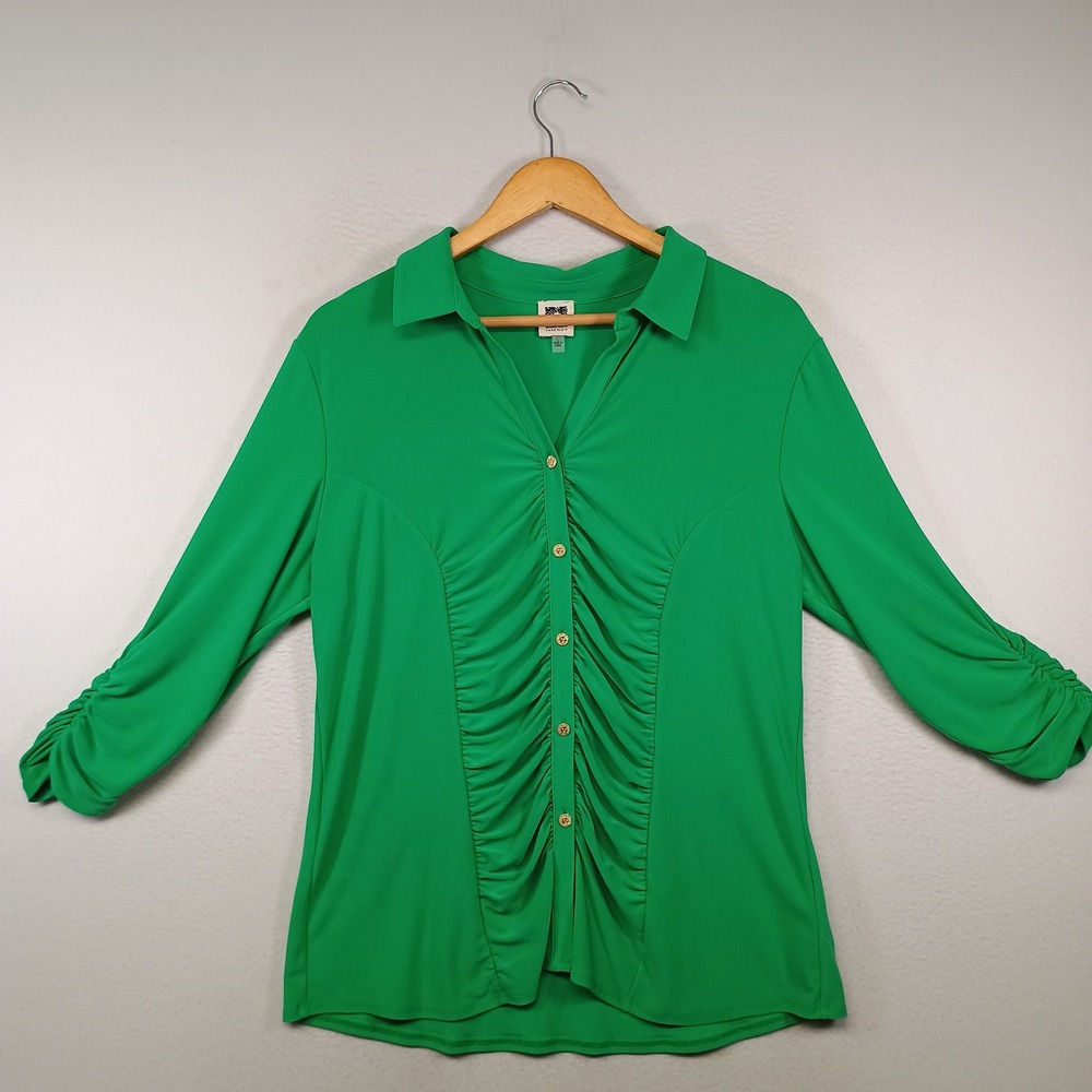Professional Chic Anne Klein‎ Womens Size L Green Ruched Front 3/4 Sleeve Blouse